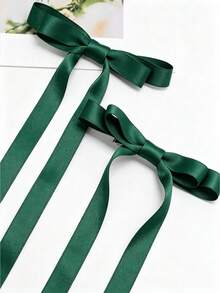 2Pcs Dark Green Satin Bow Hair Clips Long Ribbon Tail Bowknot Barrettes Elegant Women Hair Accessories For Daily Party Hairstyle Decor - Dark Green - View 2