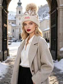 1pc Women's Autumn Winter Leopard Print Knit Beanie, Rolled Cuff Pom Pom Design Hatless Cap Halloween /Christmas - Multicolor - View 4