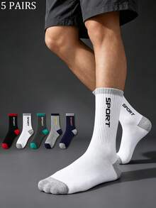 1/5 Pairs Random Men's Mid-Calf Socks, Multi-Color Contrast SPORT Letter Slogan Ribbed Cuff, Elastic Knit Breathable Moisture-Wicking Sports Socks For Running, Fitness And Daily Wear - Multicolor - View 8