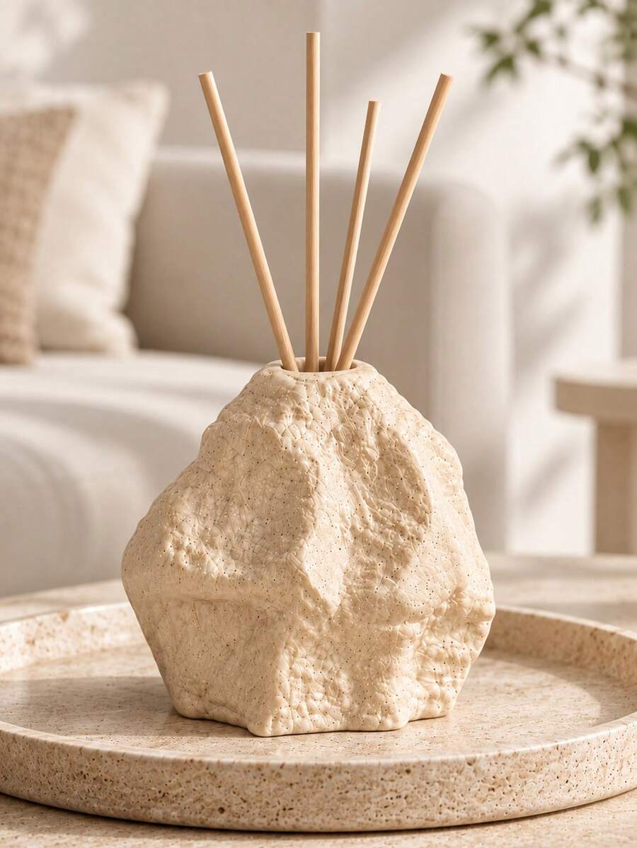 1pc Wabi-Sabi Ins Style Asymmetrical Rock Texture Rattan Aromatherapy Bottle, Wrinkled Surface Fragrance Container, Matte White/Spotted Beige, Minimalist Living Room Desktop Fragrance Decor Gift - Large Rock - View 1