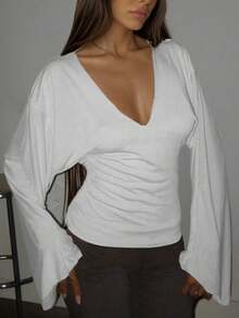 Fashionable Long Sleeve Deep V-Neck Going Out White Top For Women - White - View 8