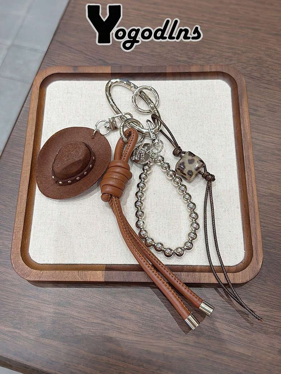 Yogodlns Lucky Cowboy Hat Keychain Pendant, Handmade Braided Rope & Faux Leather Charm, Car Key Bag Accessory, Decorative Design Key Ring - Multicolor - View 1