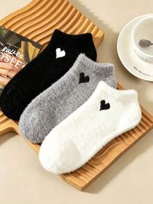 1/3/6 Pairs Women's Autumn/Winter Heart Pattern Thick Warm Short Socks, Soft Breathable Cozy Boat Socks, Sleeping Socks, Suitable For Cold Weather, Home, Sleep - Multicolor - View 5