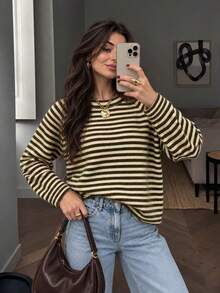 Women's Fall Winter Mock Neck Contrasting Colors Striped Long-Sleeve Loose Oversized Top Vintage Casual Coffee Dates Going Out Tops Halloween - Multicolor - View 5