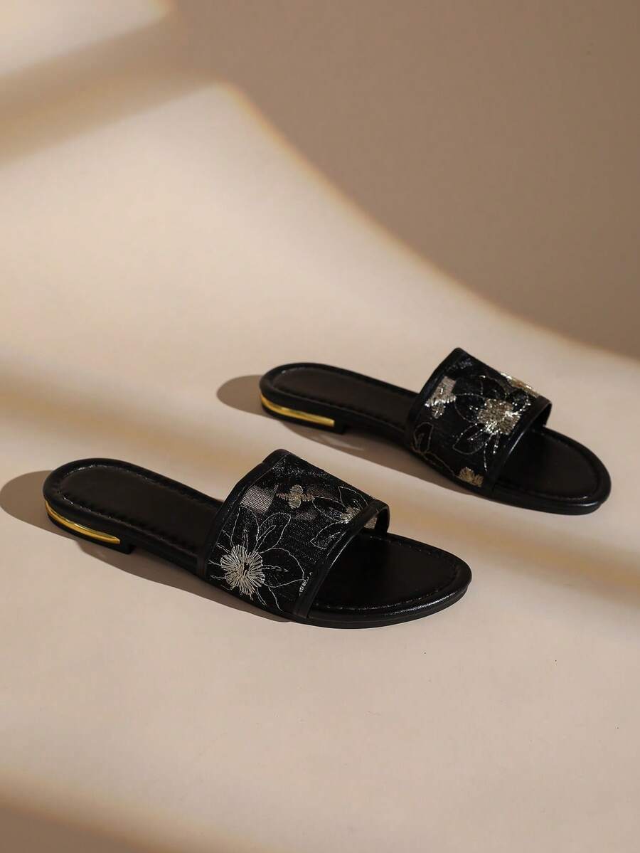 Sandal Selop Datar Bordir Bunga Hitam & Emas Wanita, Sandal Rumah Kasual Ujung Terbuka, Musim Semi/Panas - Hitam - View 1