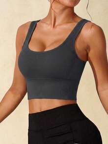 Women's Ribbed Knit U-Neck Cropped Sports Bra, Square Neck Ribbed Sports Tank Top, Built-In Removable Padding, Slim Fit Fitness Pilates Training Sports Bra - Dark Grey - View 6