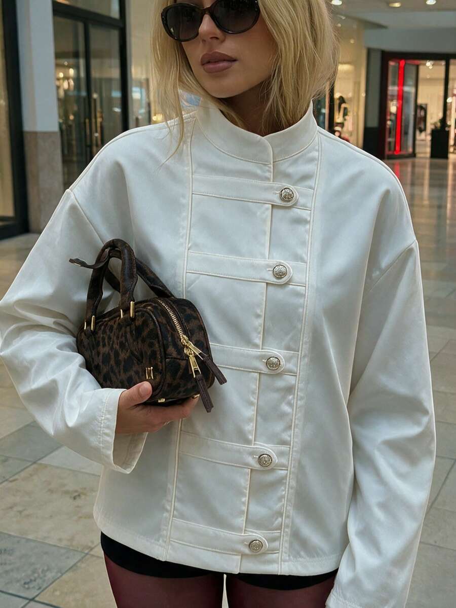 Women's Fall Winter White Stand Collar Decorative Button Placket Long Sleeve Cropped Jacket, Oversized Retro Casual Daily Travel Party Commute Wear - White - View 1