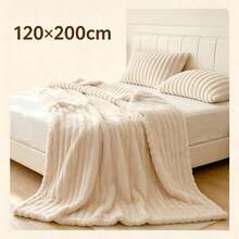 1pc Luxury Double-Sided Faux Rabbit Fur Blanket - Comfortable Striped Flannel, Soft And Warm, Suitable For Nap, Office, Camping, Sofa - Multi-Functional Polyester Bedspread, Christmas Gift - White - View 16