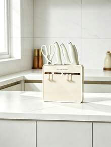 1set Cream Style Kitchen Knife Block With Side Hooks, Countertop Multi-Functional Knife & Scissor Holder, Kitchen Utensil Storage Organizer - Multicolor - View 13