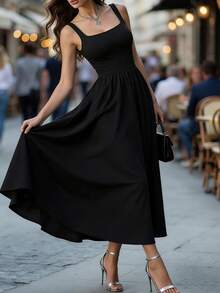 DONICY 女款優雅長裙，黑色方領粗肩帶無腰帶A字修身長裙，復古風中長洋裝，適合秋冬或新年，優雅風格 - 黑色 - 查看 6