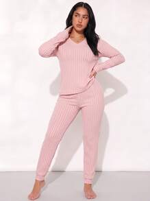 2-delars set med dam-loungewear med V-ringning och manschetter, elegant pyjamas-set i ribbstickat material med rund hals och lös passform, passar för våren - Rosa - Visa 1