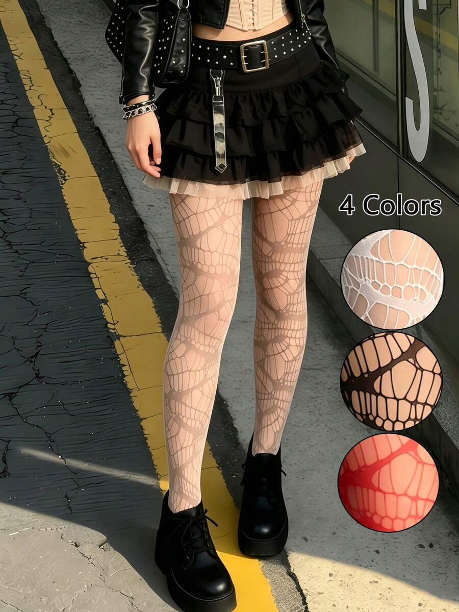 4 Warna Kaos Kaki Jala Berongga Motif Laba-laba Tidak Beraturan untuk Wanita, Gaya Punk Gothic, Cocok untuk Klub Malam, Pesta Halloween, dan Pakaian Jalanan Y2K - MultiWarna - View 1