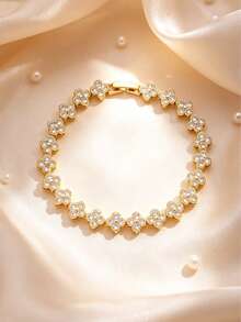 1pc Colorful Fashion Luxury Women's Floral Zirconia Bracelet - Horizontal and Vertical Link - View 6
