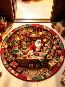 1pc 3D Santa Claus Giving Gifts To Kids Pattern Round Rug, And Gift Patterns, Perfect Holiday Gift, Suitable For Living Room, Study, Bedroom, Kitchen, Bathroom, Bedroom Rug, Bedside Rug, Christmas Decorative,Home Decor, Bedroom Decor, Winter Decor - Multicolor - View 1