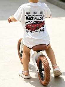 Baby Boy Racing Car Print T-Shirt, Baby Boy Casual Short Sleeve Crew Neck T-Shirt - White - View 1