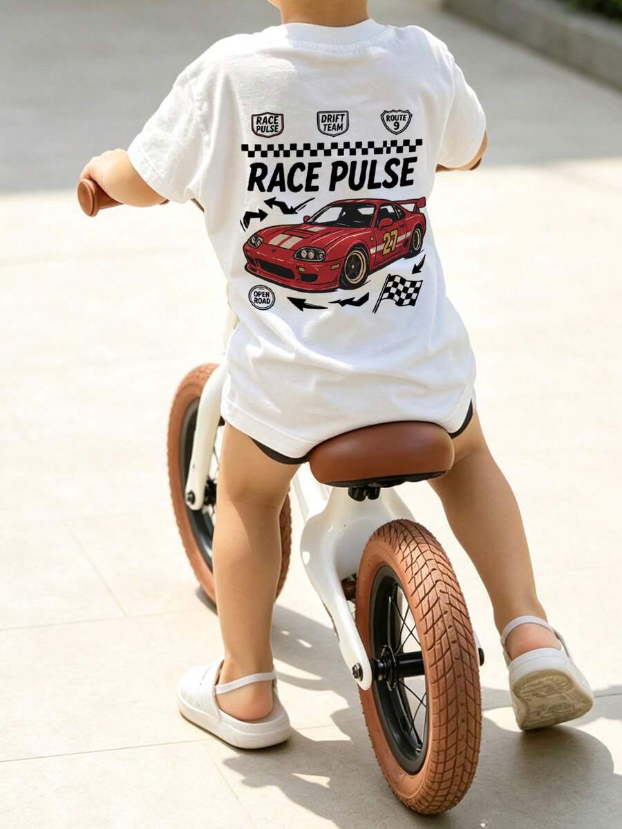 Baby Boy Racing Car Print T-Shirt, Baby Boy Casual Short Sleeve Crew Neck T-Shirt - White - View 1