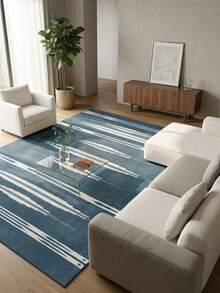 1PC Deep Blue & White Geometric Vertical Stripe Area Rug, Faux Cashmere Material Rectangular Bohemian Ikat Pattern, Machine Washable Suitable For Living Room Bedroom Daily Home Decor, Aesthetic Home Decoration - Multicolor - View 2