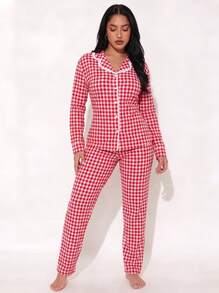 2pcs Women's Plaid Print Lace Patchwork Long Sleeve Pajama Top + Elastic Waist Long Pants Loungewear Set - Red - View 6