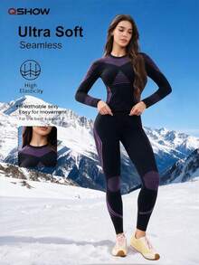 Women's Autumn/Winter Colorblock Elastic Warm Long Sleeve Top & Pants Ski Suit - Black - View 3