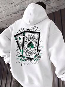 Men's Ace Of Spades Poker Card Back Print Hoodie, Vintage Poker Streetwear Loose Fit Pullover - White - View 2