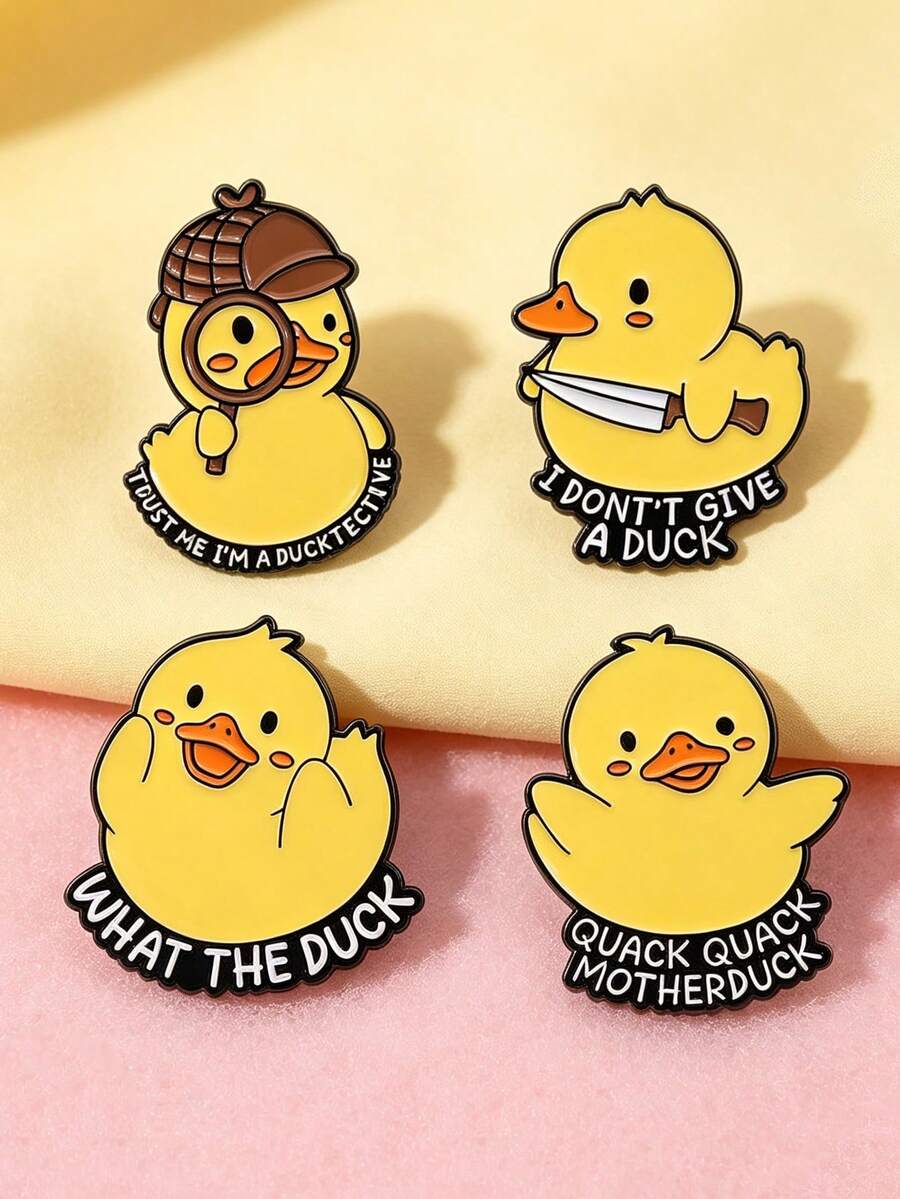 1pc/4pcs Cute Yellow Duck Cartoon Brooch, Fun Animal Metal Badge, Fashion Lapel Pin, Jewelry Accessory - Multicolor - View 1