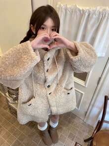[Y6Y]Women's Lamb Fleece Mid-Length Hooded Button Coat, Winter Daily Warm Elegant Overcoat - Apricot - View 5