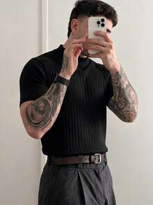Men's Classic Half-High Neck Ribbed Short Sleeve Knit Sweater, Perfect For Summer Outings, Fashion Essential - Black - View 4