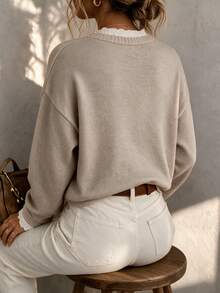 Sweater Rajut Leher Bulat Wanita Musim Semi/Gugur, Lengan Panjang dengan Manset Berenda, Atasan Rajut Pendek Serbaguna untuk Aktivitas Sehari-hari dan Kasual - Khaki Muda - View 5