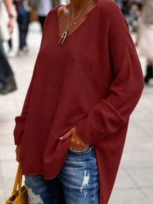 1 pieza Top de punto con cuello en V, bajo corto delantero y largo trasero con abertura, adecuado para primavera, otoño, invierno - Rojo 2 - Ver 6