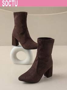 SOCTU Sepatu Bot Pendek Wanita Ujung Bulat Hak Tebal Modis, Serbaguna, Nyaman, Musim Gugur/Dingin - Coklat - View 1