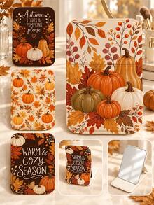 New "HELLO AUTUMN" Autumn Mini Foldable Portable Makeup Mirror, -With Stand Design, Decorated With Maple Leaf And Pumpkin Patterns; Suitable For Travel And Daily Use; Minimalist Style Rectangular Desktop Foldable Makeup Mirror, Back To School Essential, Back To School Season, Autumn Gift, Autumn Home Decor, Gift For Friends, Family And Teachers - Multicolor - View 3