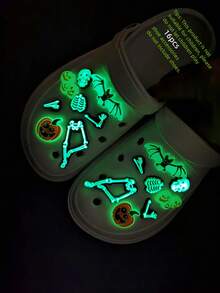 16pcs Halloween Glow-In-The-Dark Skeleton Bat Pumpkin PVC Shoe Charms Detachable Buckle Accessories For Clogs Beach Sandals - Multicolor - View 7