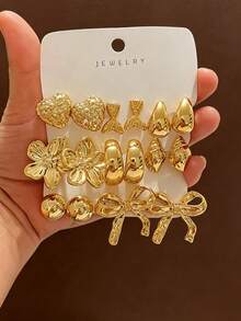 4/16PCS Fashion Women Geometric Multi-Element Gold Metallic Earring Set, Suitable For Daily & Festival Wear, (Lightweight CCB Material, Non-Fading/No Drooping Feeling) - Gold - View 11