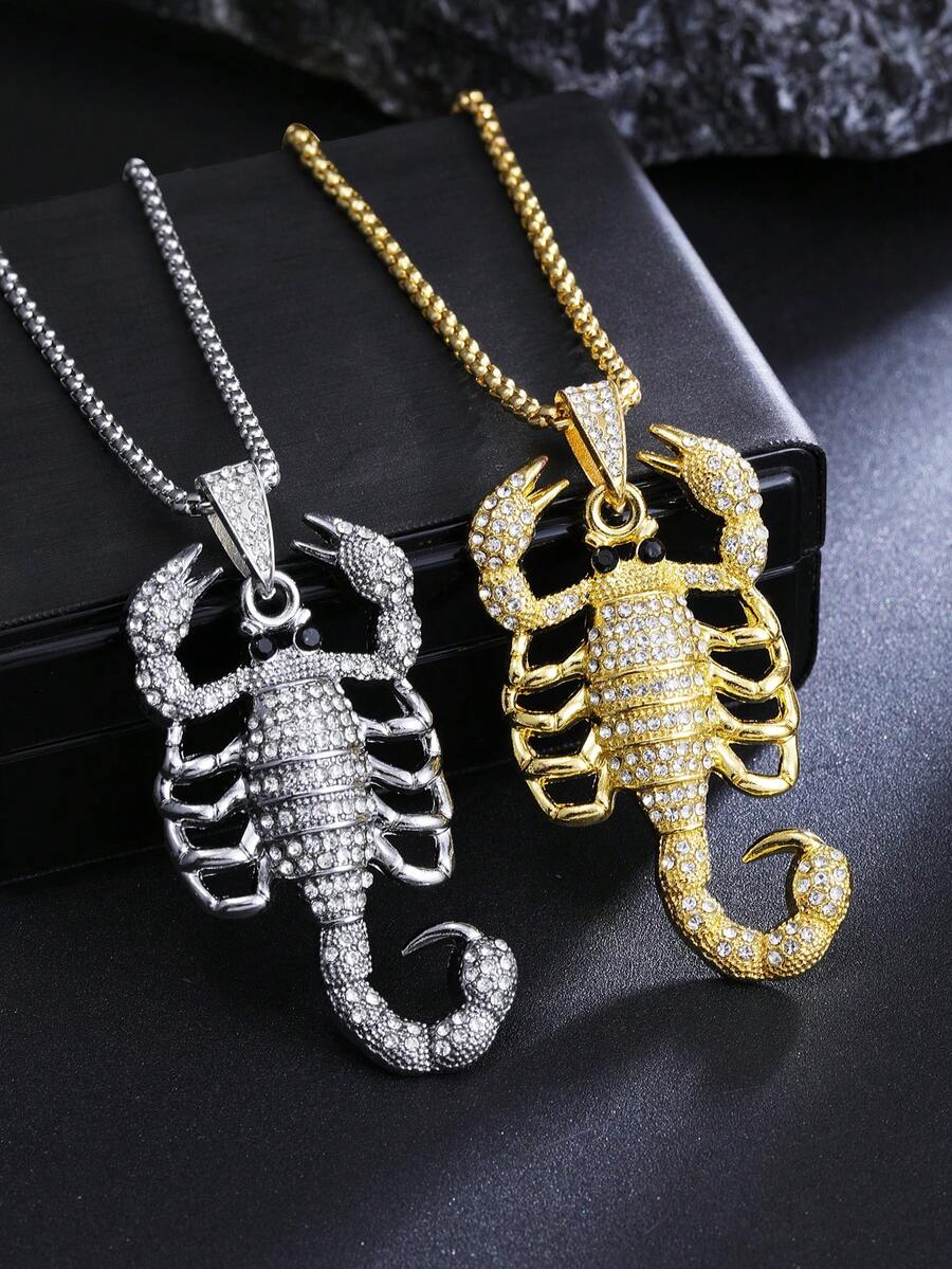 1pc New Gothic Style Full Rhinestone Scorpion Necklace, European And American Popular Personalized Long Stainless Steel Sweater Chain Pendant Jewelry, Halloween Gift, Fashion Accessory For Men's Daily Wear - Rhinestone Scorpion Necklace - View 1