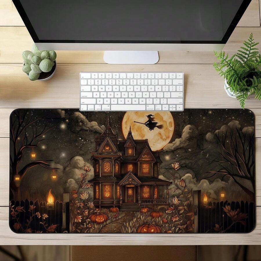 1pc Large Halloween Haunted House Witch Mouse Pad, Spooky Moon Pumpkin Vintage Gothic Desk Mat, Non-Slip Gaming Keyboard Pad - View 1