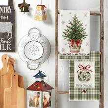2 buah handuk dapur bertema Natal, menampilkan motif pohon Natal dan pot bunga, lembut, mudah dibersihkan dan dapat digunakan kembali, hadiah liburan yang sempurna untuk dekorasi dapur. - Hijau - View 3