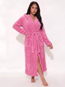 1pc Women's Solid Color Minimalist Elegant Plush Robe, Warm And Comfortable, Suitable For Home And Bath, Autumn/Winter - Hot Pink - View 8