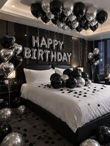 44pcs Birthday Balloon Set, 16inch Silver Alphabet Balloons, 18inch Black & Silver Heart Balloons, Suitable For Birthday Party Decoration - Multicolor - View 1