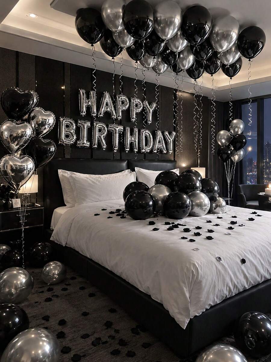 44pcs Birthday Balloon Set, 16inch Silver Alphabet Balloons, 18inch Black & Silver Heart Balloons, Suitable For Birthday Party Decoration - Multicolor - View 1