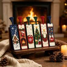 6pcs Christmas Theme Cross Stitch Bookmark Set, DIY Christmas Bookmark Kit, Medium Grid 3-Strand Embroidery Thread, Christmas Tree, Bell And Fireplace Patterns, Includes Needle, Thread, Instructions, Threader And Threading Tool Kit - Multicolor - View 6