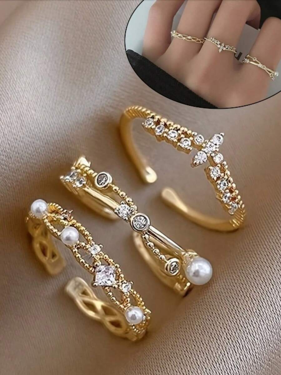 3pcs Copper Material French Luxury Fashion Elegant Exquisite Versatile European & American Faux Pearl Cross Geometric Open Adjustable Ring Set Suitable For Women's Daily, Holiday, Commute Wear - Gold - View 1