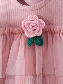 Girls' Autumn/Winter Gentle Style 2 Pieces Set, Long Sleeve Top With Mesh Patchwork And 3D Crochet Rose Decor, Paired With Solid Color Flared Long Pants, Sweet Casual Outfit - Pink - View 4