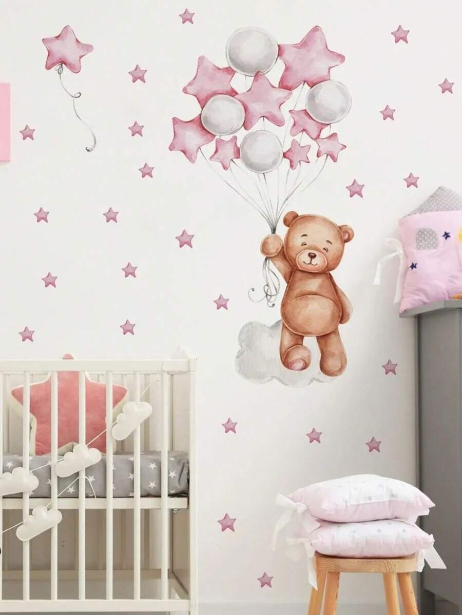 1pc Bear & Balloon Pattern Wall Sticker, Stickers, Wall Decal, Vinyl Decal For Home Decorations, Spring Decoration Items Refresh Your Home, Festival Decoration Stickers Gifts Birthday Graduation - Multicolor - View 1