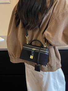 1件女款時尚斜挎包，純色方形手提包，盒型包，PU皮革編織紋理布料，拉鍊開口，可調節肩帶，休閒日常包，適合年輕女性－旅行、工作、購物、約會、禮物、辦公室 - 黑色 - 查看 6