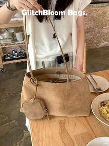 仿麂皮腋下托特包 大容量通勤單肩包 附小化妝包 無吊飾 輕便日常手提包 - 棕色 - 查看 2