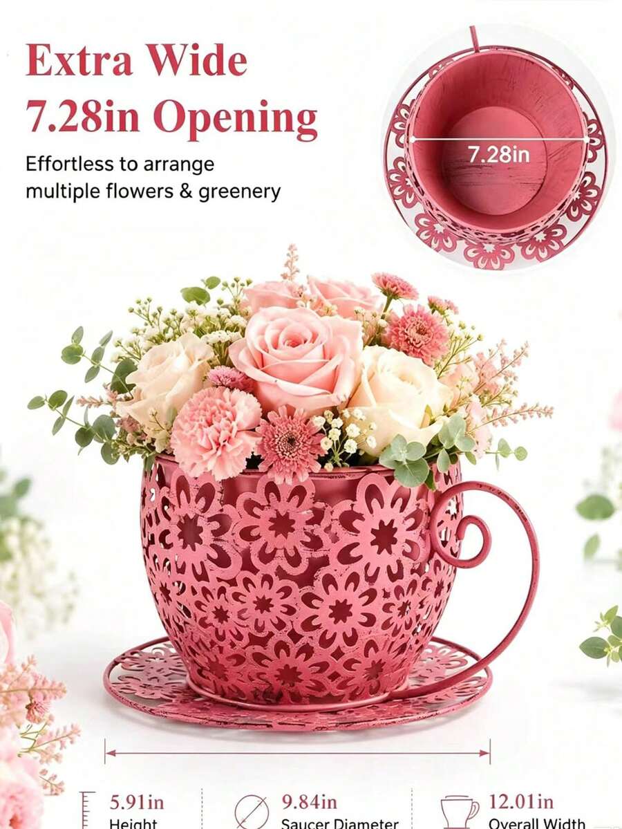 1PC Vintage Metal Tea Cup Planter, Retro Flower Pot, Hollow Floral Metal Planter, Succulent Pot, Small Plant Container, Herb Planter, Indoor Outdoor Garden Decor, Patio Balcony Decoration, Christmas Halloween Easter New Year Decor, Housewarming Gift