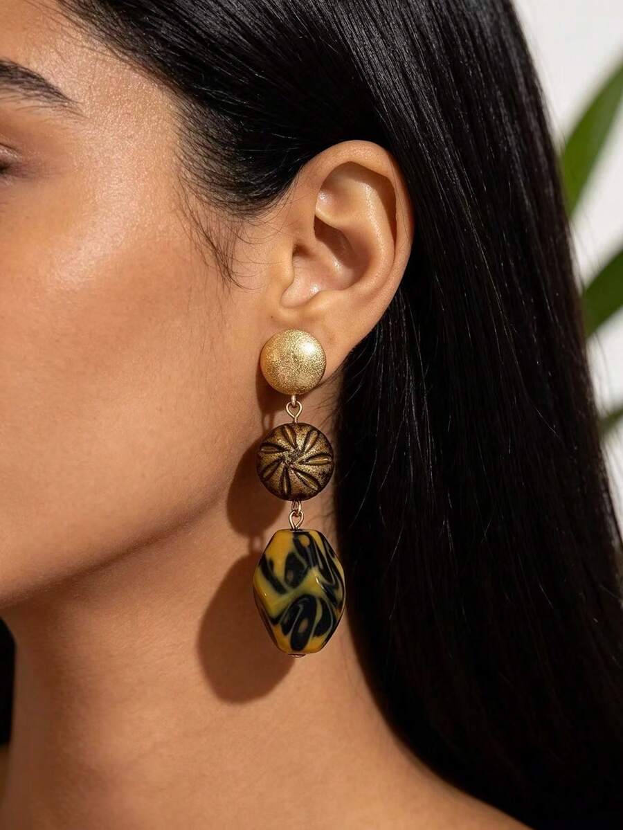 1 Pair Bohemian Style Colorful Plastic Earrings, Fashionable Women's Earrings With Multiple Styles To Choose From, Suitable For Different Looks, Vacation, Party, Daily Wear, Back To School, Thanksgiving And Other Holiday Gifts, Random Bead Pattern - Multicolor - View 1