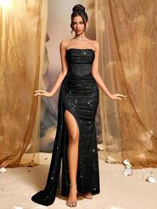 Shiny Elegant Open Back Tie High Slit To Thigh Off Shoulder Wedding Birthday Party Formal Evening Dinner Wedding Guest Homecoming Party Dress - Black - View 4