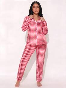 2pcs Women's Plaid Print Lace Patchwork Long Sleeve Pajama Top + Elastic Waist Long Pants Loungewear Set - Red - View 5