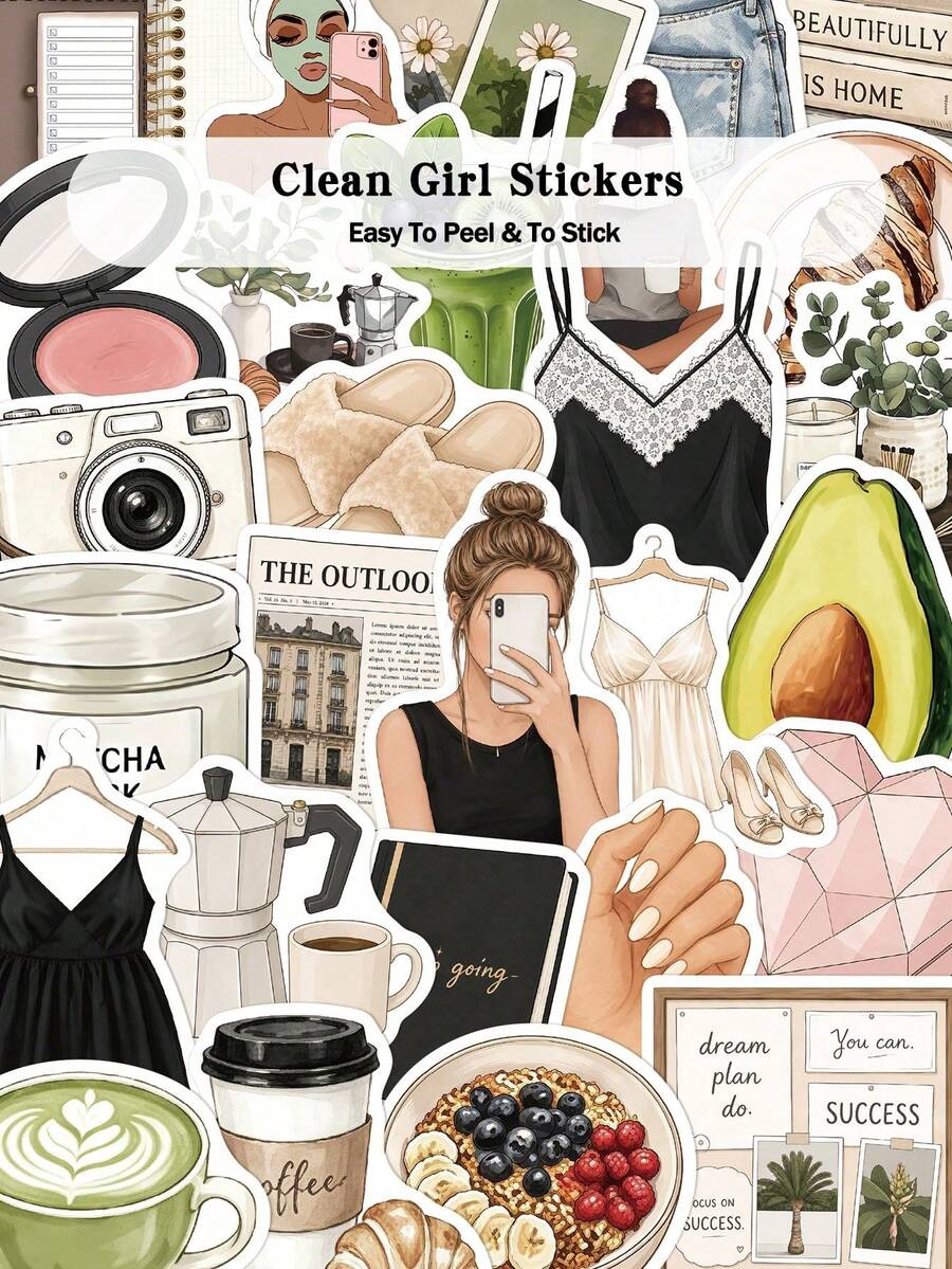 50pcs Clean Girl Stickers Minimalist Style Decorative Transparent Stickers For Laptop Suitcase Scrapbook Diy Decor - A - View 1